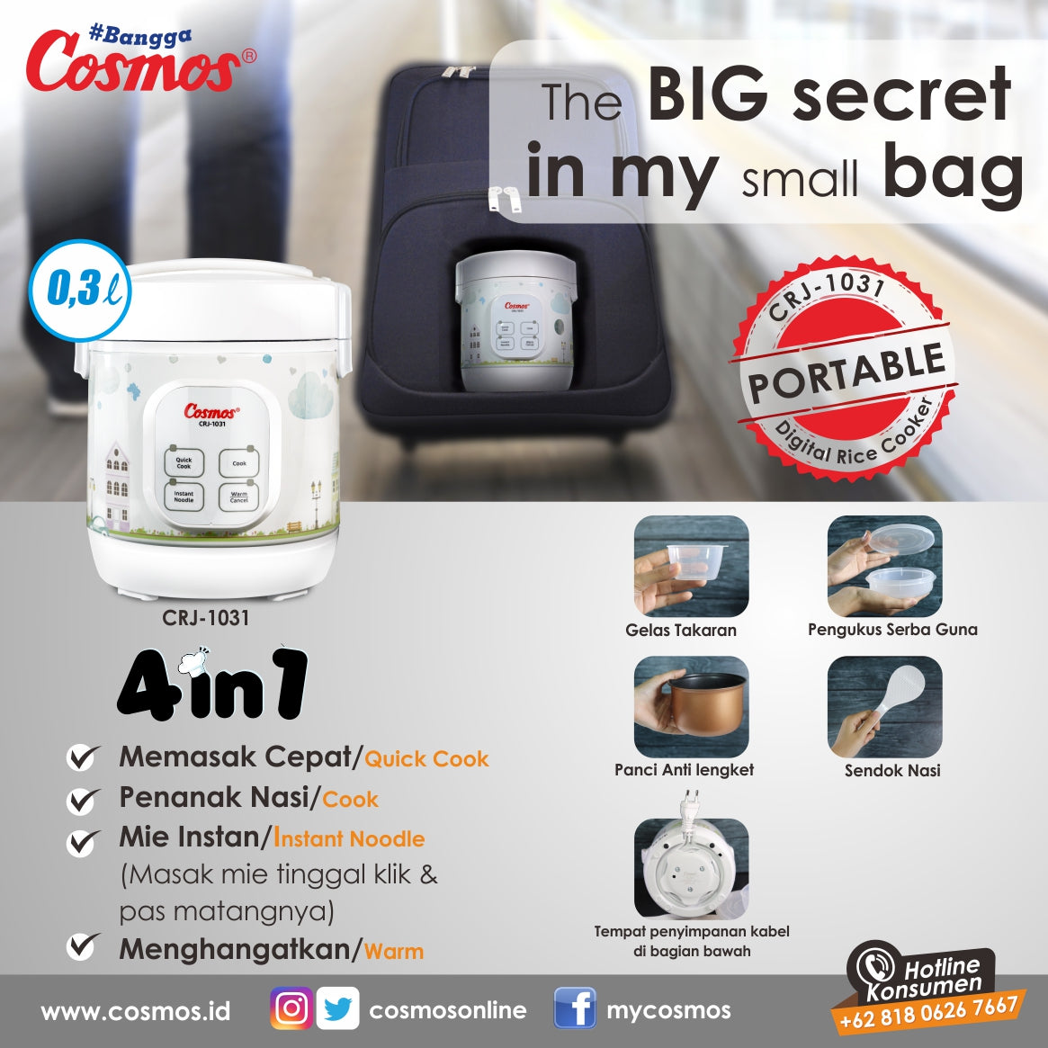 Cosmos Rice Cooker Mini Digital 4In1 Crj-1031 - 0.3 L