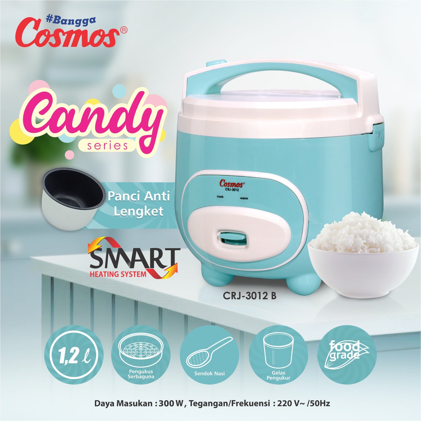 Cosmos Rice Cooker Non Stick Crj-3012 Candy - 1.2L