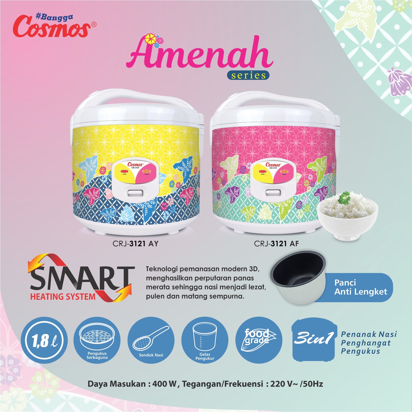 Cosmos Rice Cooker Non Stick Crj-3121 Series- 1.8L
