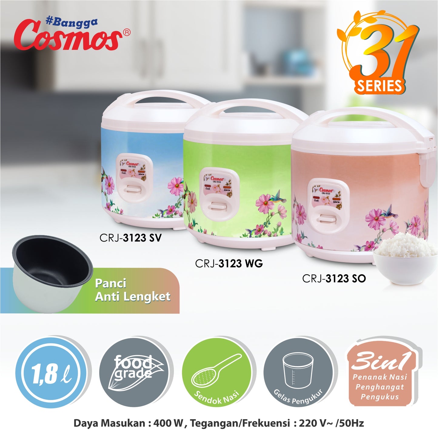 Cosmos Rice Cooker Anti Lengket Crj-3123