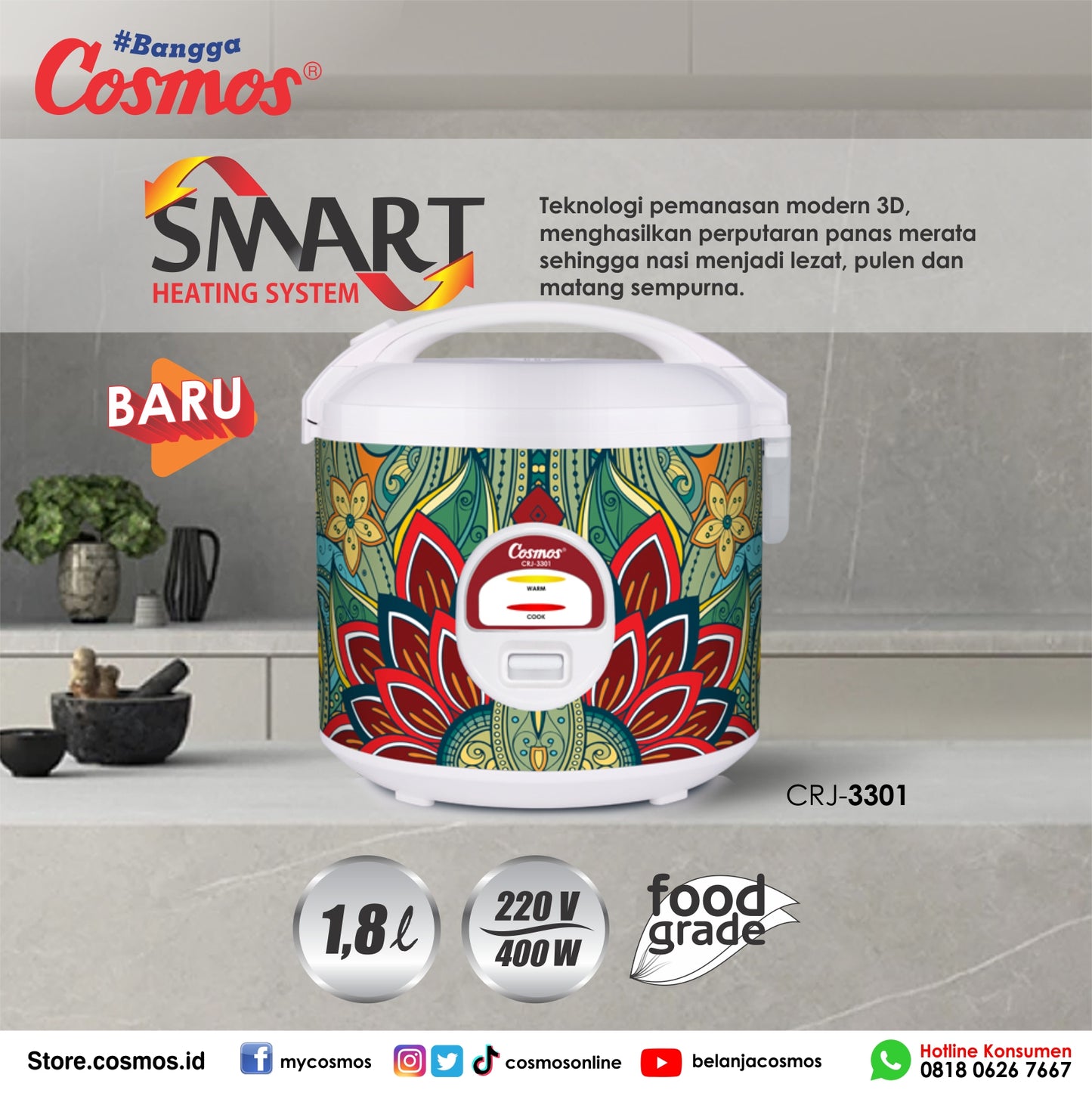 Cosmos Rice Cooker Anti Lengket CRJ-3301 - 1.8L