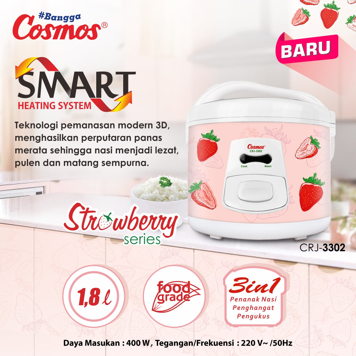 Cosmos Rice Cooker Non Stick Crj-3302 S - 1.8L