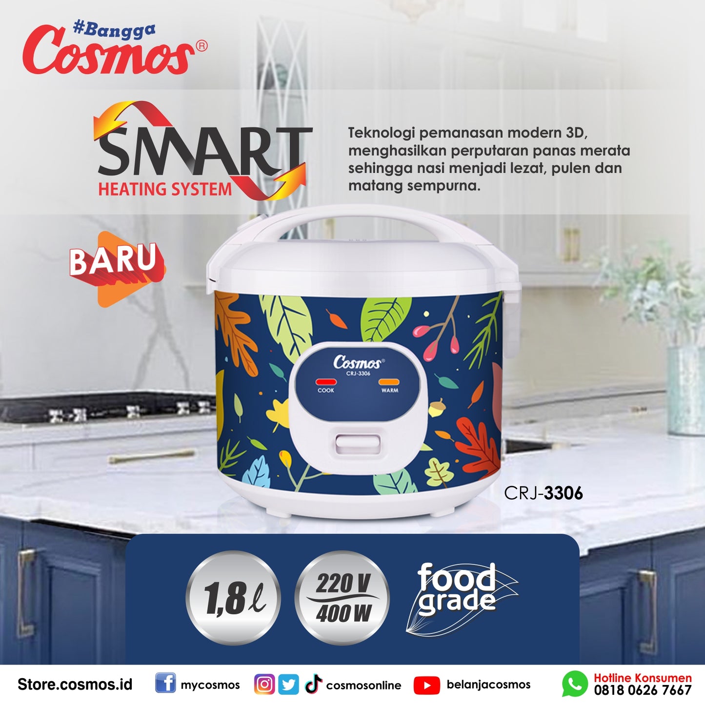 Cosmos Rice Cooker Anti Lengket CRJ-3306 -1.8L