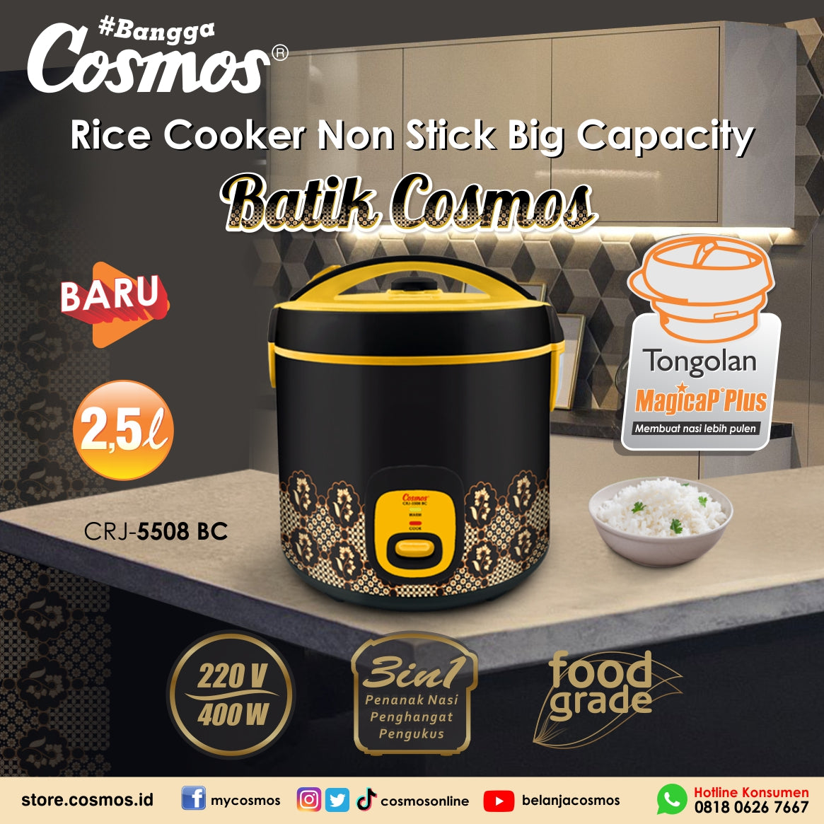 Cosmos Rice Cooker Non Stick Crj-5508 Bc - 2.5L